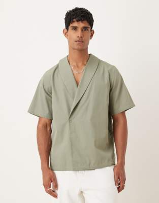 Asos Design Boxy Relaxed Wrap Shirt In Green