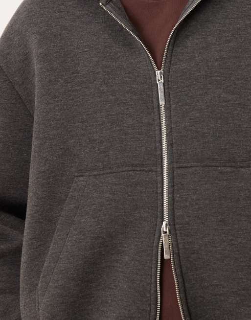 ASOS DESIGN boxy relaxed zip-through hoodie in charcoal in scuba-style fabric, 5 of 5