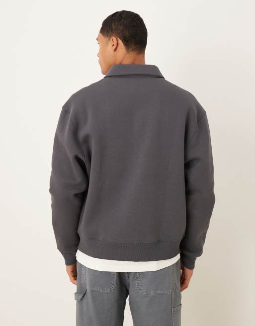 ASOS DESIGN boxy relaxed zip up harrington jersey jacket in charcoal, 3 of 5