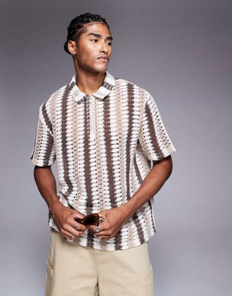 ASOS DESIGN boxy relaxed zipped polo in neutral striped crochet - view 1