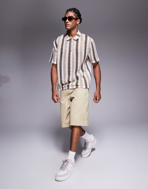 ASOS DESIGN boxy relaxed zipped polo in neutral striped crochet , 3 of 4