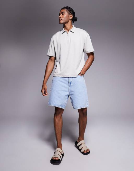 ASOS DESIGN boxy relaxed zipped polo shirt in gray texture