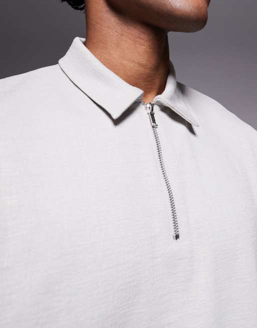 ASOS DESIGN boxy relaxed zipped polo shirt in gray texture