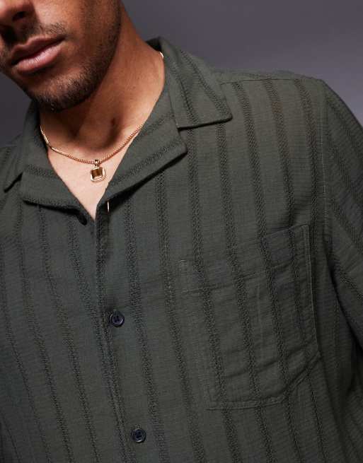 ASOS DESIGN boxy revere broderie shirt in green stripe, 2 of 4
