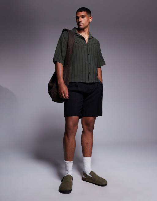 ASOS DESIGN boxy revere broderie shirt in green stripe, 3 of 4