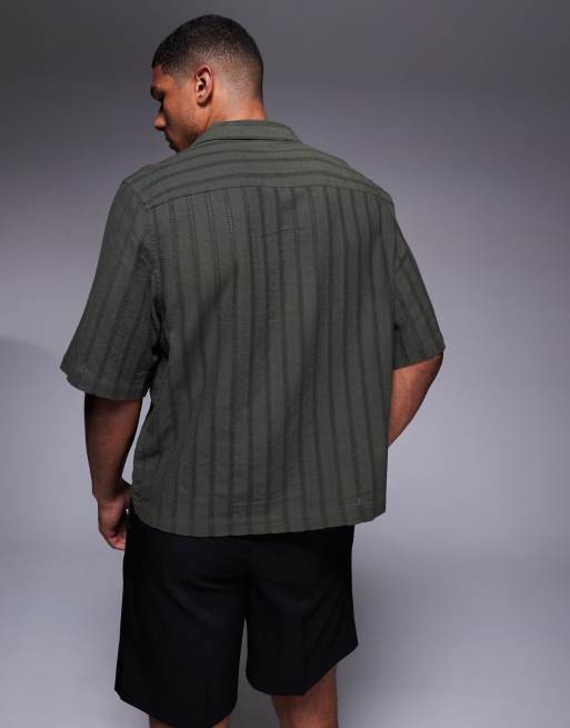 ASOS DESIGN boxy revere broderie shirt in green stripe, 4 of 4