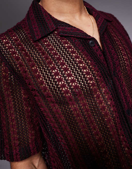 ASOS DESIGN boxy revere crochet shirt in burgundy and black stripe, 3 of 4