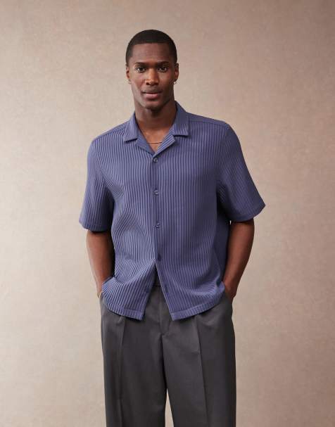 ASOS DESIGN boxy revere loose fit plisse shirt in navy - view 1