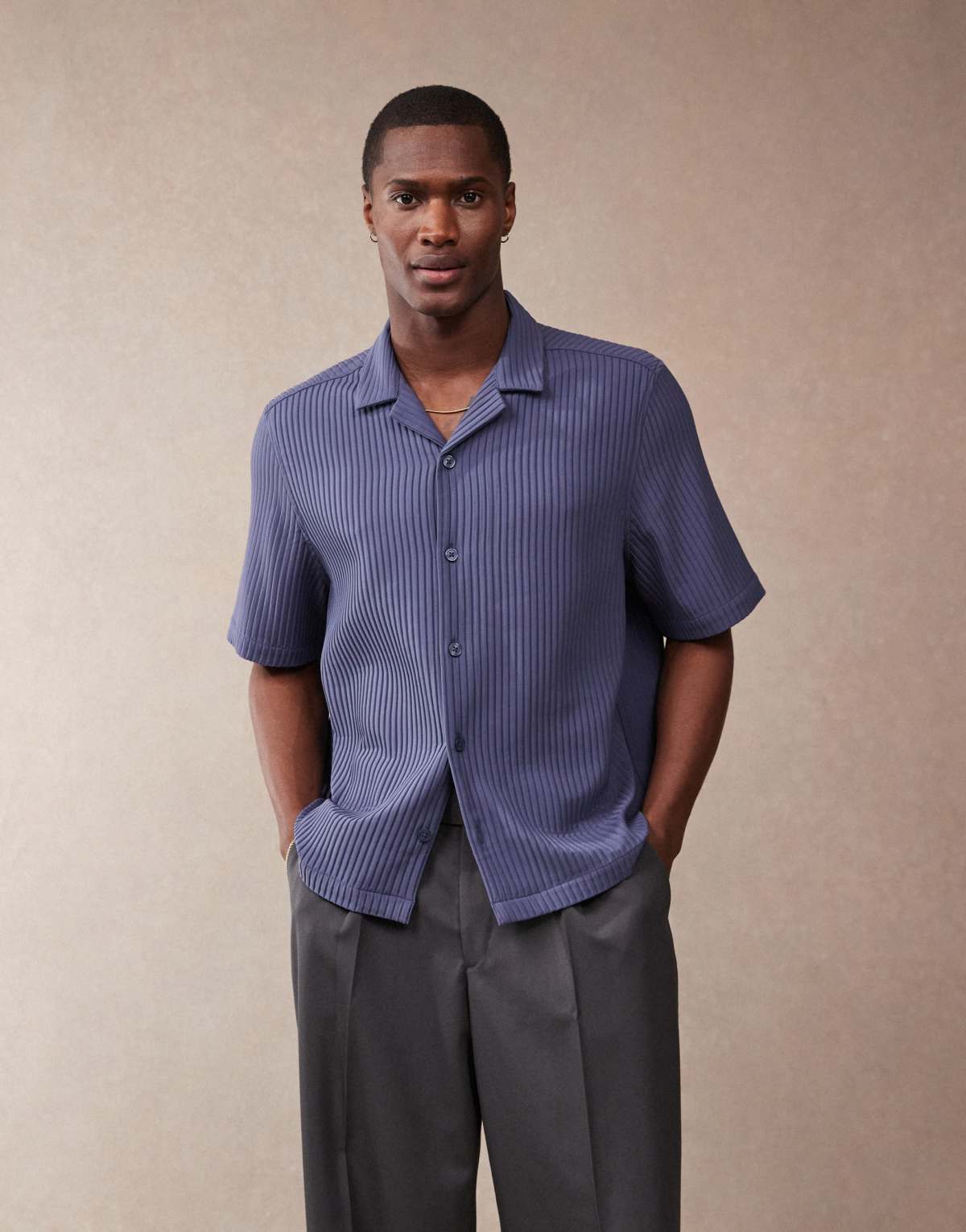 ASOS DESIGN boxy revere loose fit plisse shirt in navy