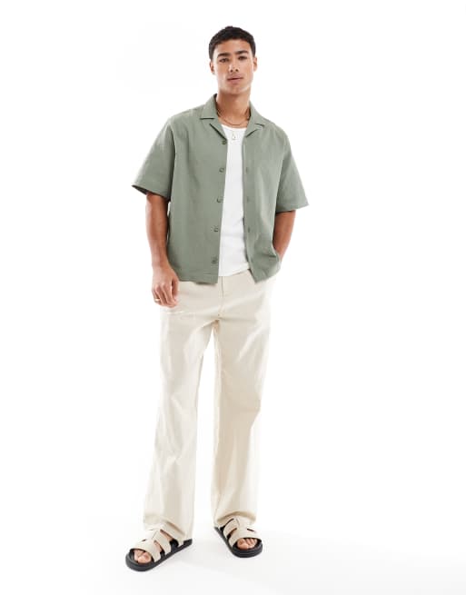 ASOS DESIGN boxy revere seersucker shirt in sage green, 3 of 4