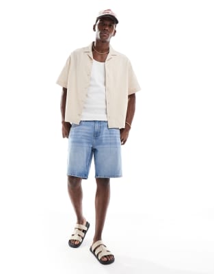 ASOS DESIGN boxy revere seersucker shirt in stone