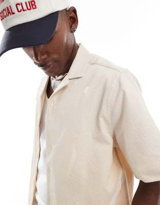ASOS DESIGN boxy revere seersucker shirt in stone