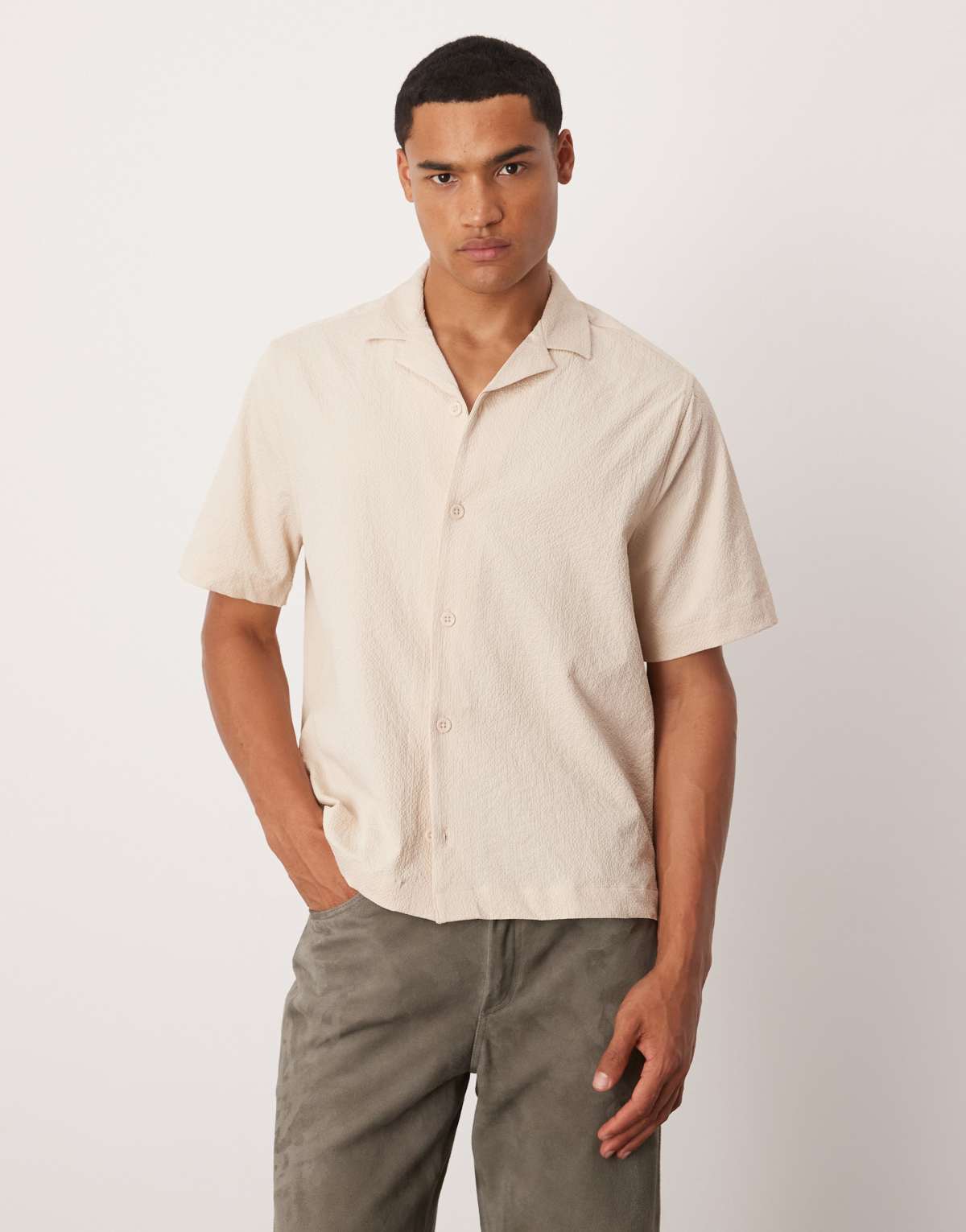 ASOS DESIGN boxy revere seersucker shirt in stone