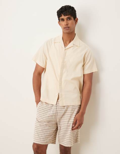 ASOS DESIGN boxy revere shirt in jacquard in stone - view 1