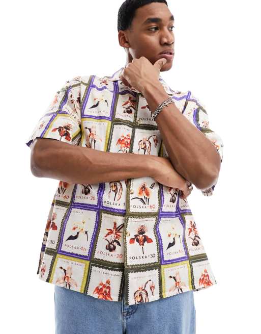 ASOS DESIGN boxy revere shirt in linen postcard print