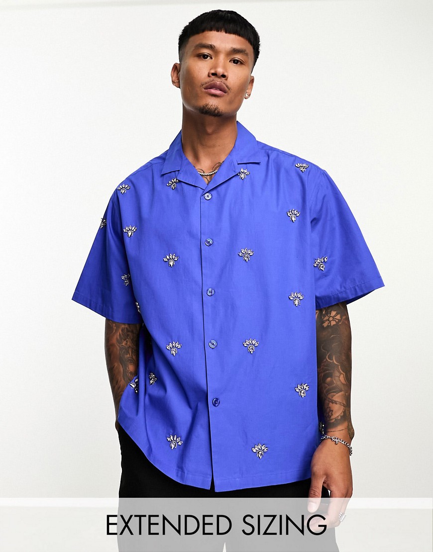 ASOS DESIGN boxy revere shirt with hand embellishment in cobalt blue