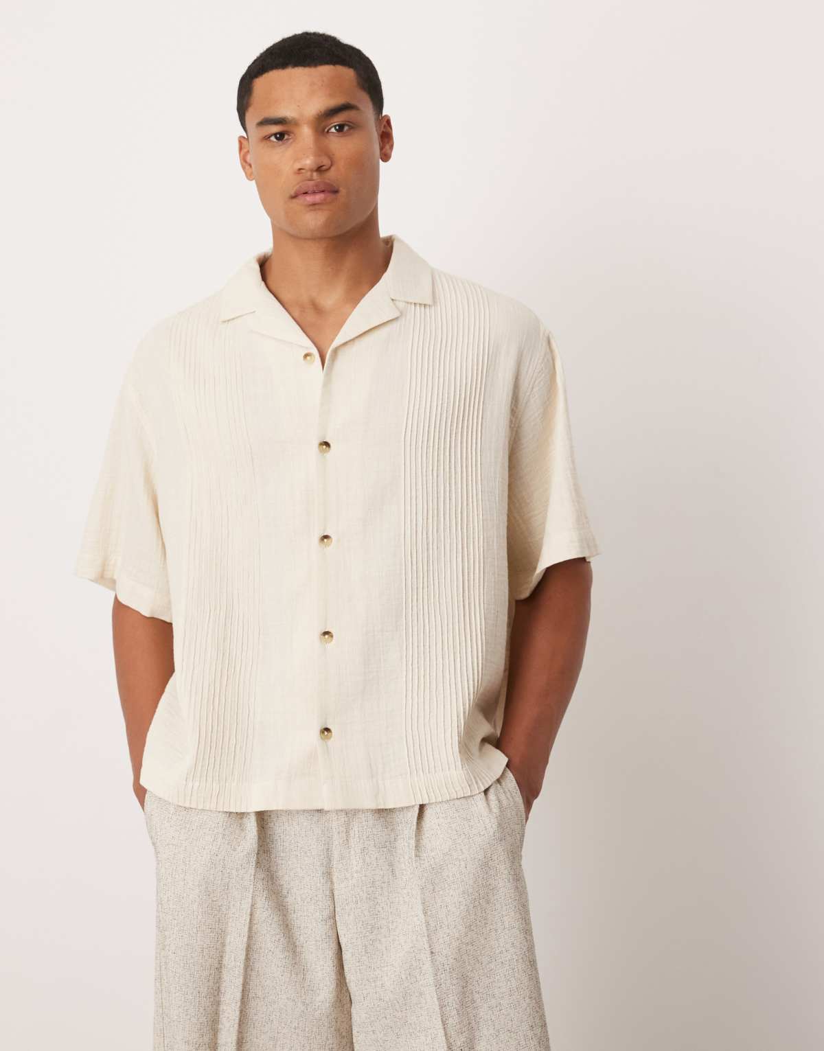ASOS DESIGN boxy revere shirt with pin tuck detailing in stone