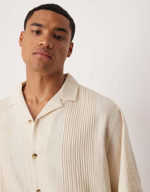 ASOS DESIGN boxy revere shirt with pin tuck detailing in stone, 3 of 4