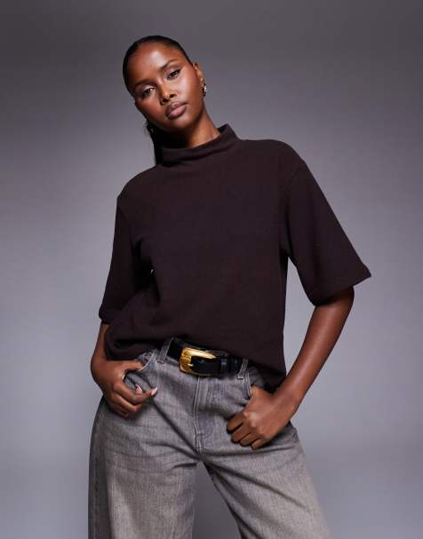 ASOS DESIGN boxy ribbed funnel neck top in brown