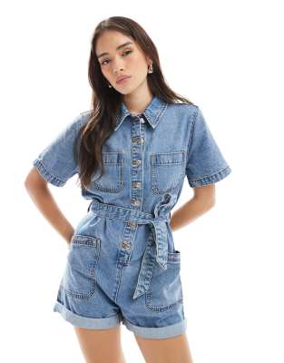 ASOS DESIGN boxy romper with belt in midwash