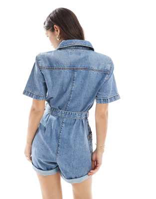 ASOS DESIGN boxy romper with belt in midwash