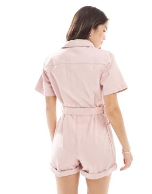 ASOS DESIGN boxy romper with belt in pink