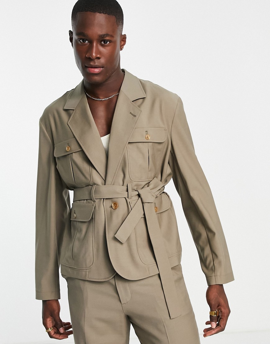 ASOS DESIGN boxy safari suit jacket in beige-Neutral
