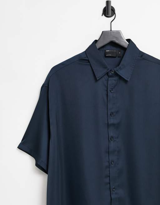 Asos Design Boxy Satin Shirt With Half Sleeve In Navy Asos