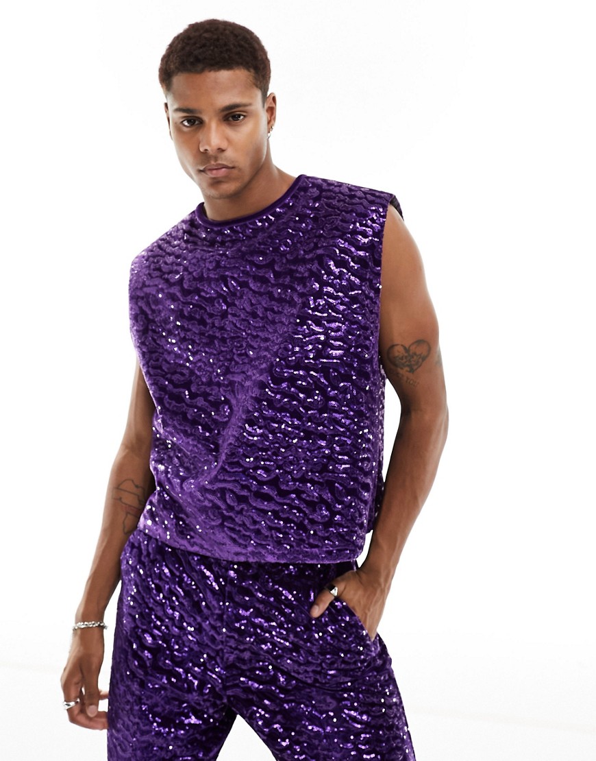 ASOS DESIGN boxy sequin vest with pagoda shoulder in purple-Grey