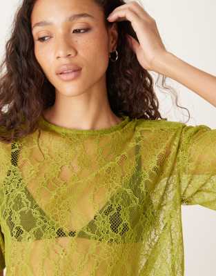 Asos Design Boxy Sheer Lace Tee With Shoulder Pads In Green