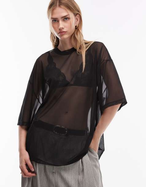 ASOS DESIGN boxy sheer oversized mesh tee in black - part of a set - view 1