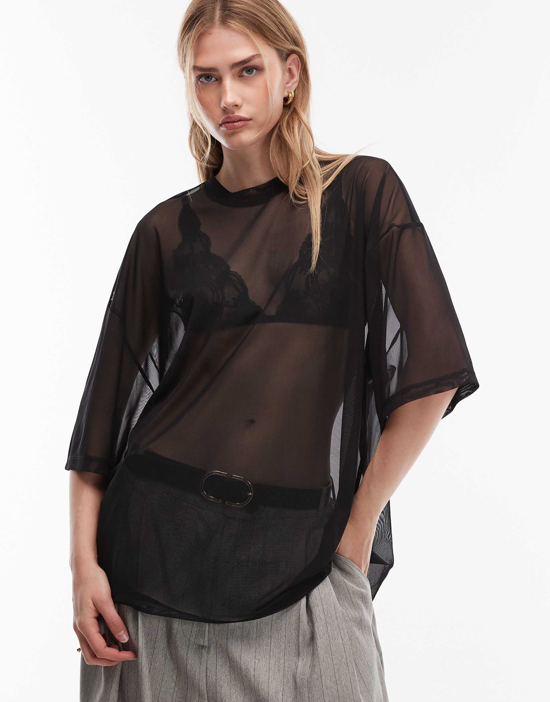 asos design boxy sheer oversized mesh tee in black - part of a set