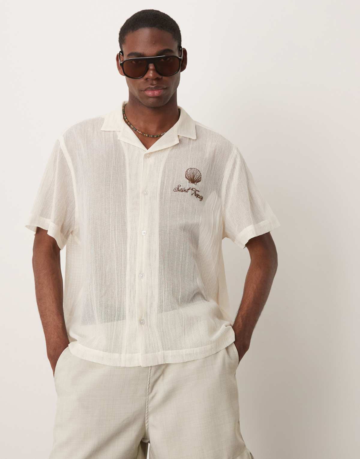 ASOS DESIGN boxy sheer texture shirt with chest embroidery in ecru