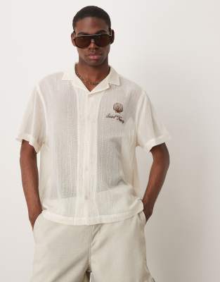 ASOS DESIGN boxy sheer textured shirt with chest embroidery in ecru - view 1