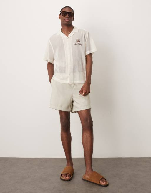 ASOS DESIGN boxy sheer textured shirt with chest embroidery in ecru