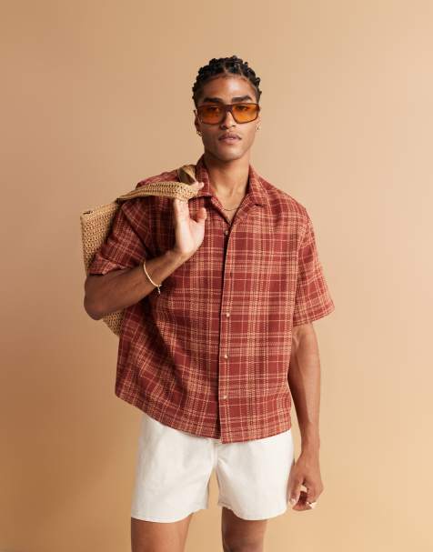 ASOS DESIGN boxy shirt in basket weave plaid in brown - view 1
