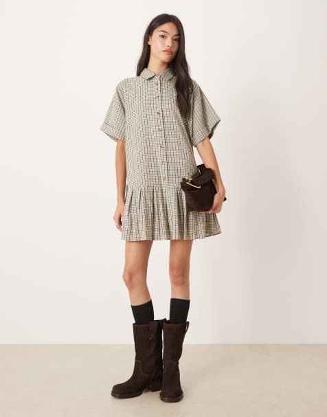 ASOS DESIGN boxy shirt mini dress with dropped waist in mono check