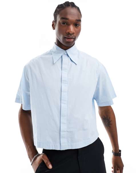 ASOS DESIGN boxy shirt with 70s collar poplin shirt in blue - view 1