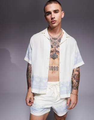 ASOS DESIGN boxy shirt with border print in cream - part of a set-White