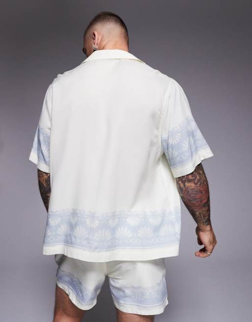 ASOS DESIGN boxy shirt with border print in cream (part of a set), 4 of 4