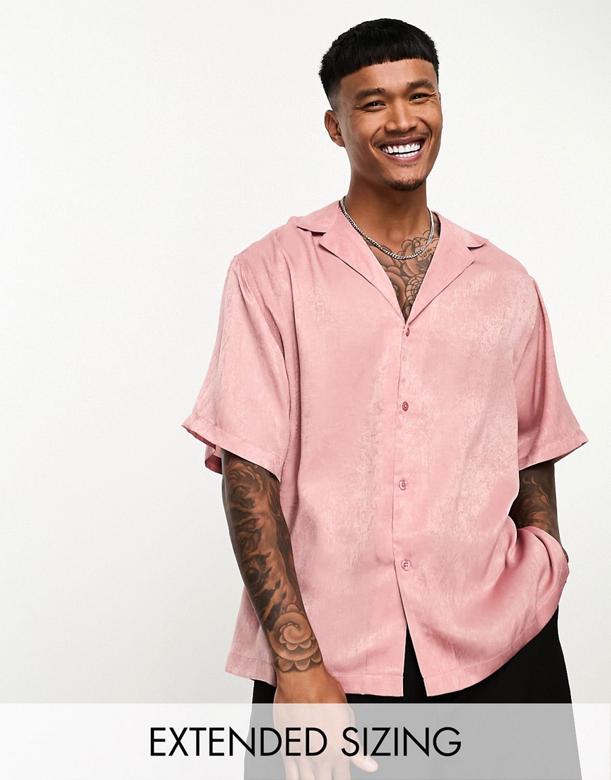 ASOS DESIGN boxy shirt with deep revere in pink sandwash satin