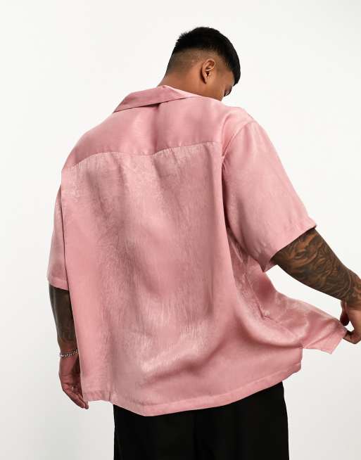 ASOS DESIGN boxy shirt with deep revere in pink sandwash satin, 3 of 4