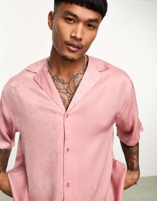 ASOS DESIGN boxy shirt with deep revere in pink sandwash satin, 4 of 4