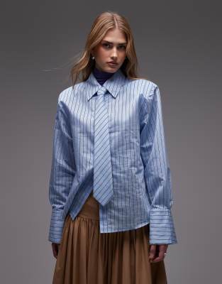 Asos Design Boxy Shirt With Neck Tie In Blue