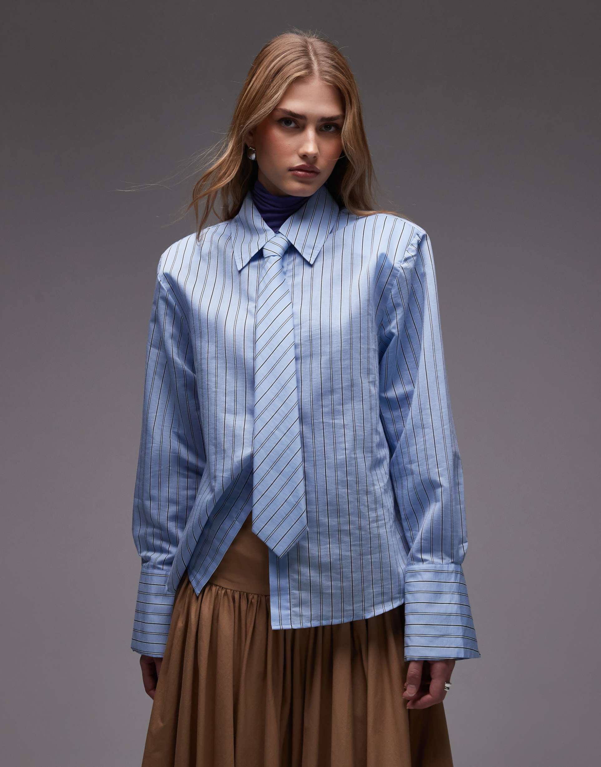 asos design boxy shirt with neck tie in blue stripes
