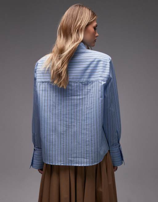 ASOS DESIGN boxy shirt with neck tie in blue stripes, 4 of 4