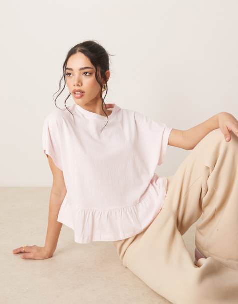 ASOS DESIGN boxy short sleeve linen look peplum t-shirt in pink - view 1