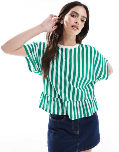 ASOS DESIGN boxy short sleeve linen look peplum t-shirt in stripe - view 1