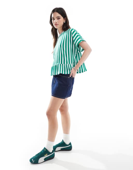 ASOS DESIGN boxy short sleeve linen look peplum t-shirt in stripe, 3 of 4