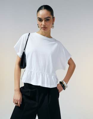 Asos Design Boxy Short Sleeve Linen Look Peplum T-shirt In White
